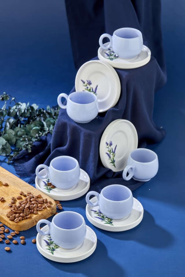 Plump Lavanta Desen 12 Parça Lüx Seramik 6 Kişilik Kahve Fincan Takımı Lila