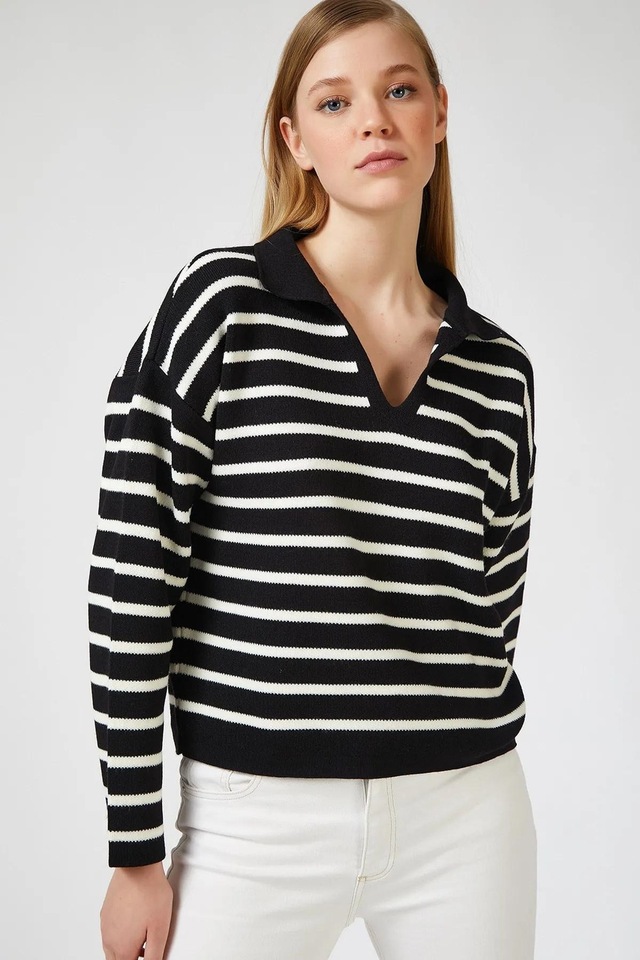 Alisse-kadın Polo Yaka Çizgili Crop Triko Kazak-siyah