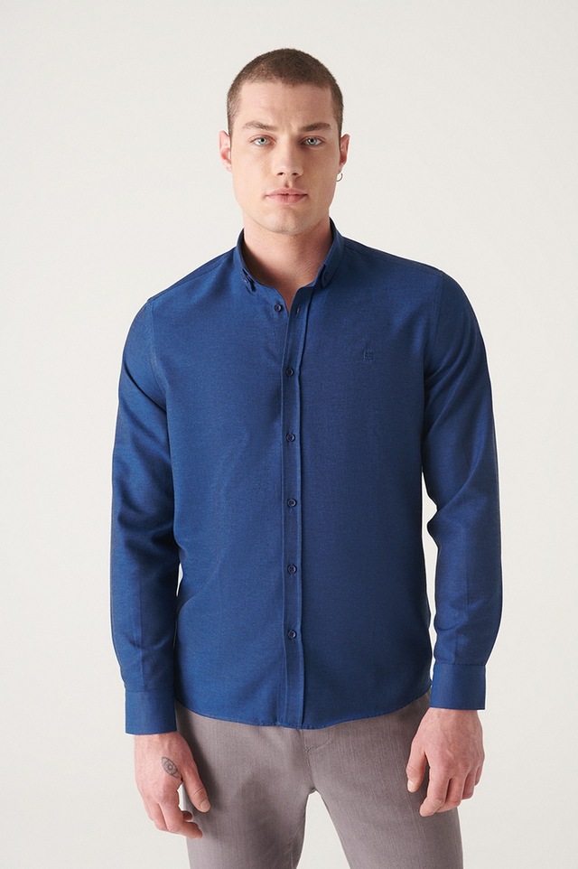 Avva Erkek Lacivert Düğmeli Yaka Kolay Ütülenir Oxford Pamuklu Standart Fit Normal Kesim Gömlek E002000