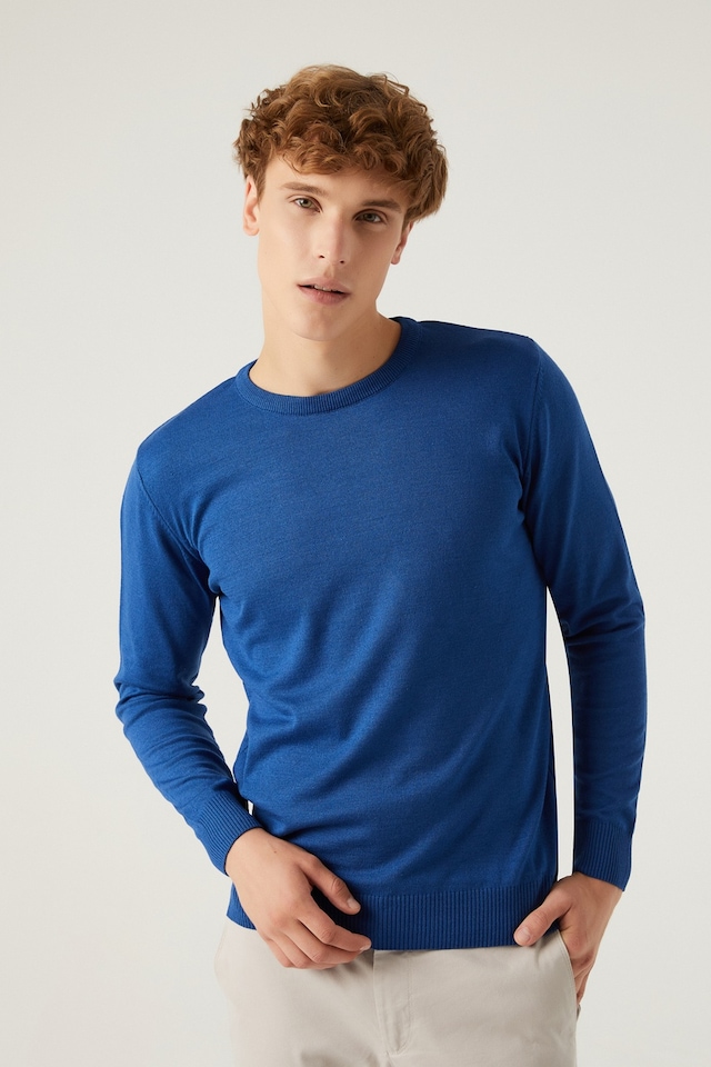 D's Damat Regular Fit Erkek Bisiklet Yaka Kazak Mavi 5HF06ORT12004