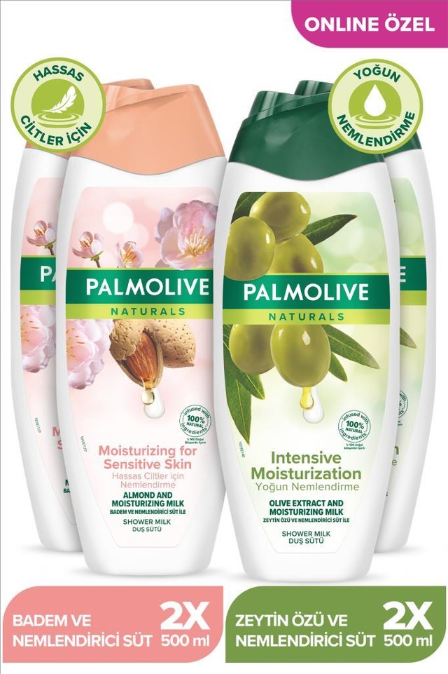Palmolive Duş Jeli Badem ve Nemlendirici Süt 2 x 500 ML + Zeytin Özü ve Nemlendirici Süt 2 x 500 ML