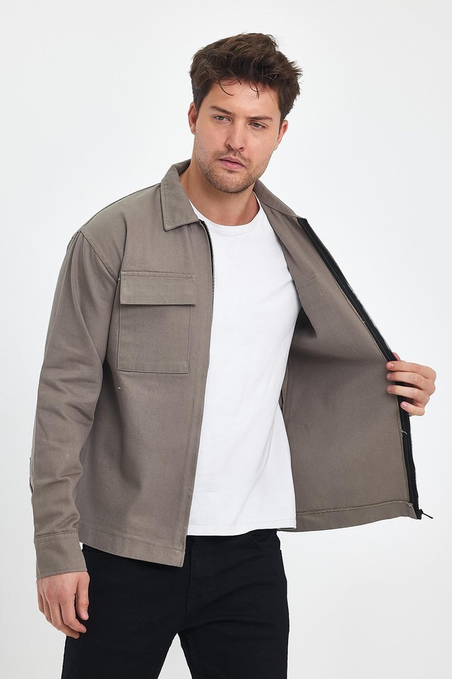 Snazzy Yıkamalı Fermuarlı Gabardin Gömlek-haki