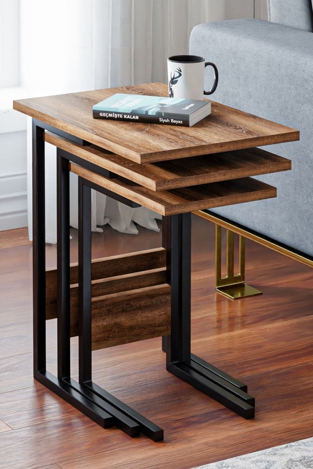 Zg3 3lü Zigon Sehpa, Metal Sehpa - Meşe