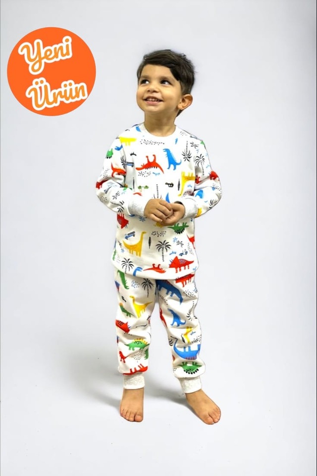 Kışlık 3 İplik, Likralı, Dinazorlar Desenli, Çocuk Pijama Takımı