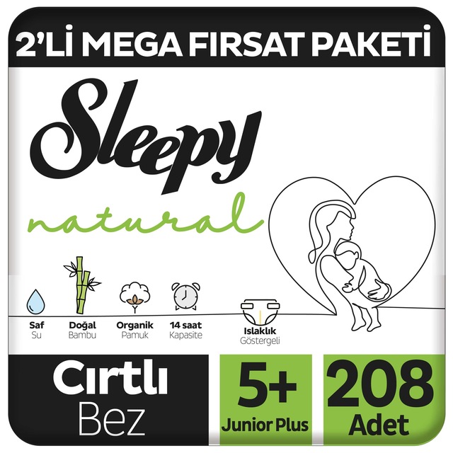 Natural 2'li Mega Fırsat Paketi Bebek Bezi 5+ Numara 208 Adet