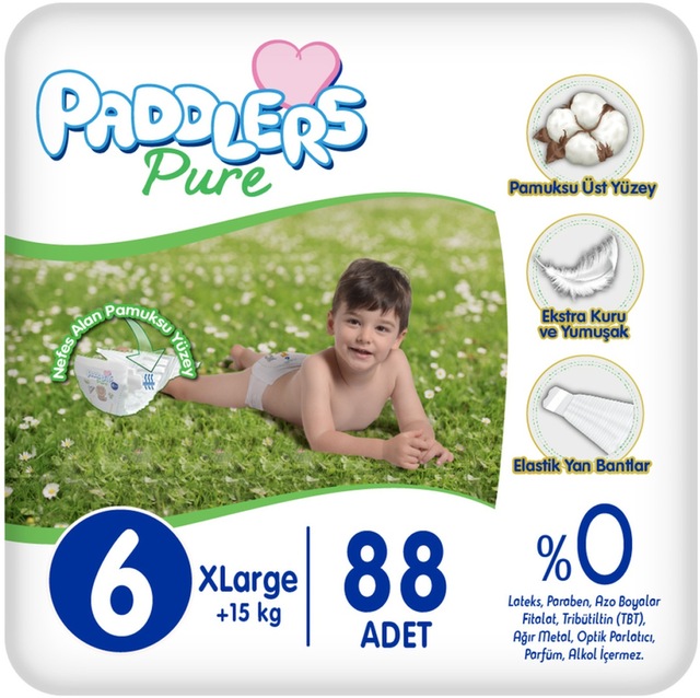 Paddlers Pure Bebek Bezi 6 Numara X-large 88 Adet 15+ Kg Ekstra Aylık Paket