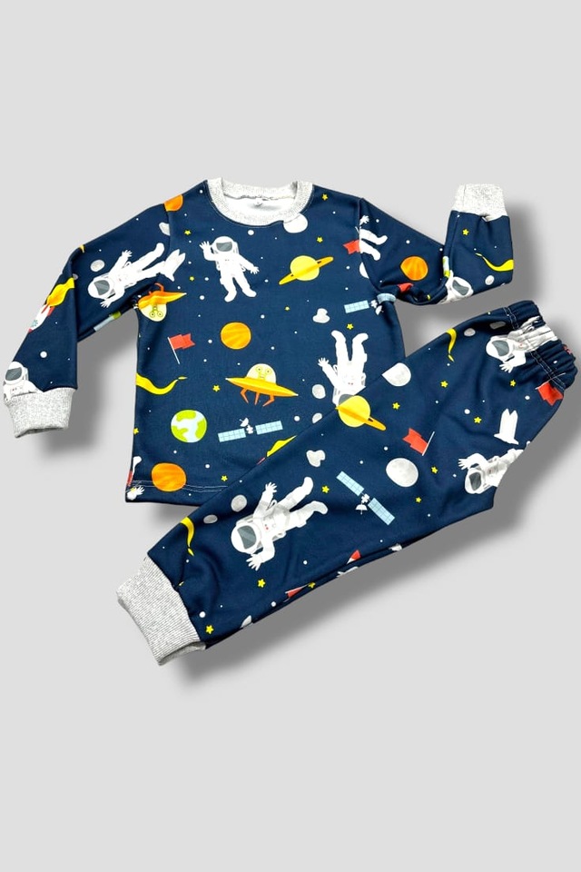 Mikimini Kids 3 İplik Likralı Uzay Desenli Kışlık Çocuk Pijama Takımı