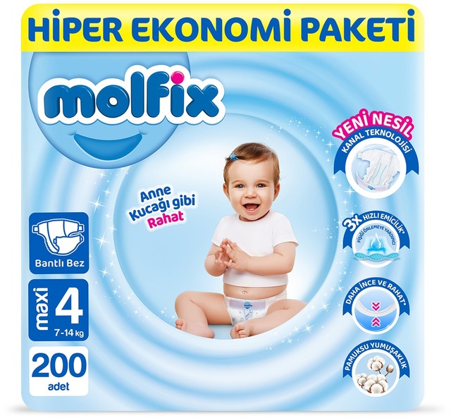 Molfix Bebek Bezi 4 Beden Maxi Hiper Ekonomi Paketi 200 Adet