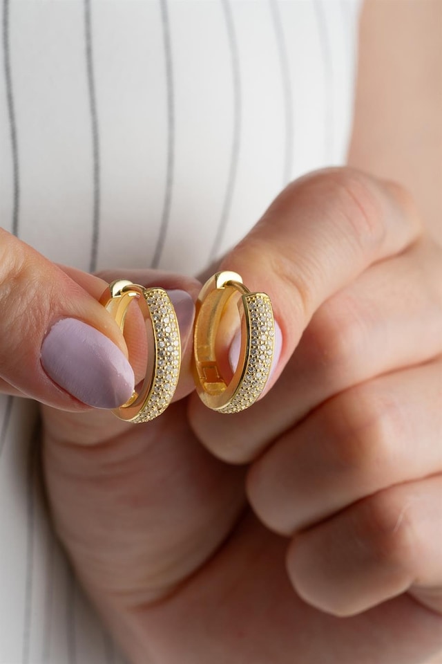 Silvano 925 Ayar Gold Sıra Taşlı Halka Gümüş Küpe