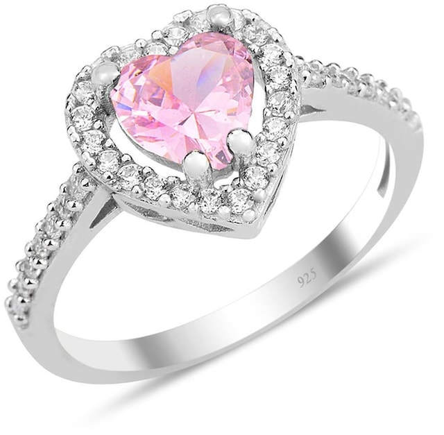 Gümüş Rodyumlu Pembe Taşlı Pırlanta Montürlü Kalp Modeli Yüzük