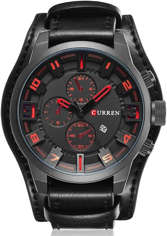 Curren M8225 Askeri Deri Quartz Erkek Kol Saati Siyah Kırmızı