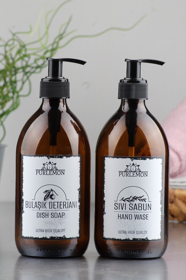 Morlimon 2'li Amber Cam Bulaşık Deterjanı Ve Çamaşır Suyu Şişesi Sabunluk 500 ML