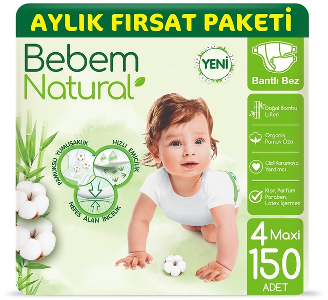 Bebem Natural Bebek Bezi 4 Beden Maxi Aylık Fırsat Paketi 150 Adet