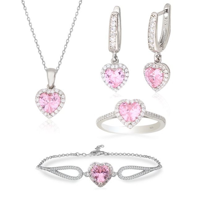925 Silver 925 Ayar Gümüş Swarovski Pembe Kalp Takı Seti