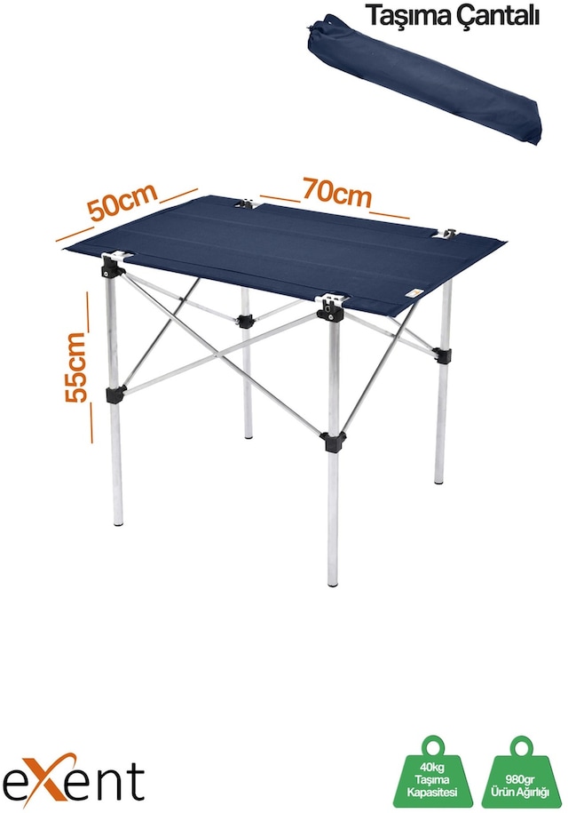 Exent 50x70 Cm Kamp Masası Katlanabilir Masa, Piknik Bahçe Balkon Plaj Masası, Taşıma Çantalı Masa-lacivert