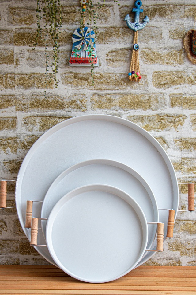 Kitchen Trend 3'lü Ahşap Kulplu Metal Çay Kahve Sunum Tepsi Seti