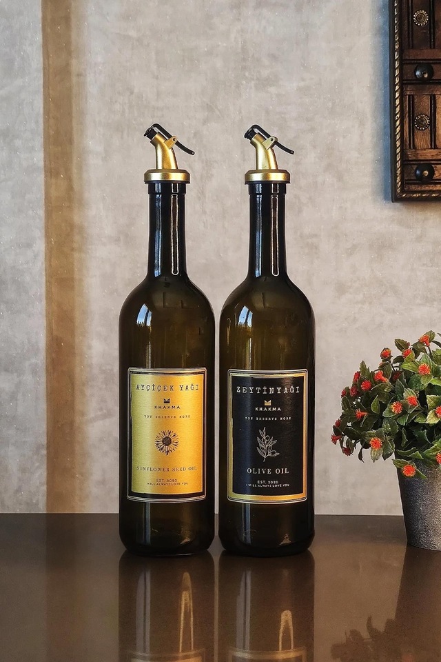 Khakma Home Zeytinyağı Sıvıyağ Şişesi Yağdanlık Amber Gold﻿﻿ 750 ML 2'li