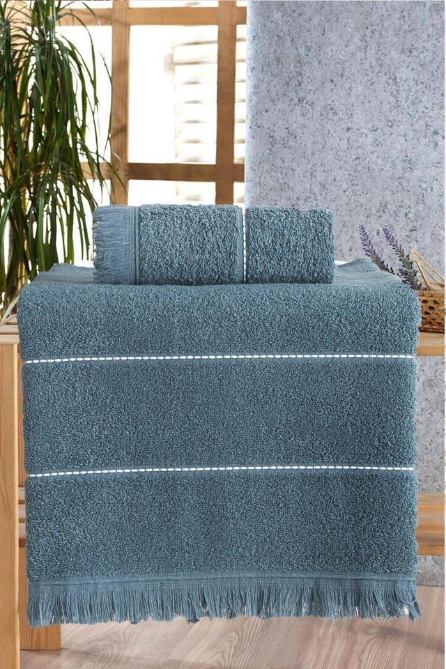 Mariva Home Pandora Dark Blue Jakarlı Saçaklı Banyo Havlu Seti 2'li