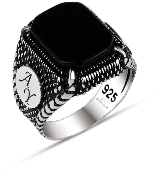 Harf Yazılı Siyah Oniks Taşlı 925 Gümüş Erkek Yüzük
