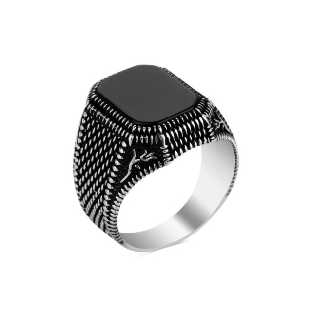 Dörtgen Siyah Oniks Taşlı Gümüş Erkek Yüzük - 462279133