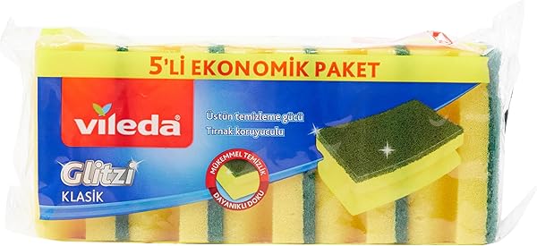 Vileda Oluklu Hijyenik Bulaşık Süngeri, Tırnak Koruyuculu, 5'li Ekonomik Paket, Yeşil