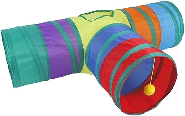Busstier Gökkuşağı Renkli Katlanır Kedi ve Köpek Oyun Tüneli, Uzun Eğlenceli Evcil Hayvan Oyuncak Tüneli (T Şeklinde)