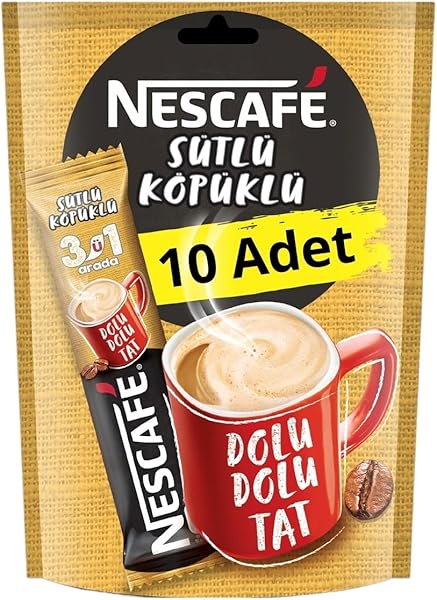 Nescafé 3'ü 1 Arada Sütlü Köpüklü Çözünebilir Kahve Karışımı 10'lu, 17,4 g