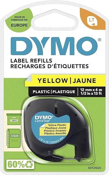Dymo S0721620, LetraTag Plastik Şerit (12 mm X 4 mt), Sarı (59423)