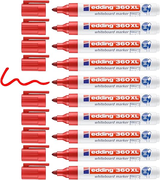 Edding 360 XL beyaz yazı tahtası kalemi - kırmızı - 10 kalem - yeniden doldurulabilir