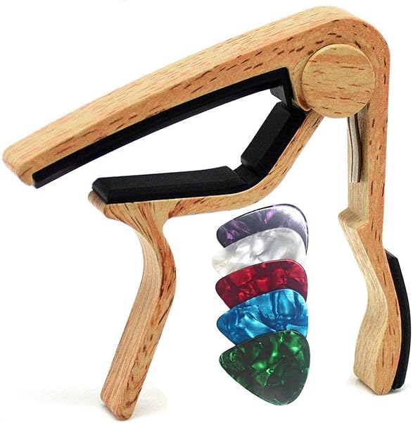 WINGO Kaposu Gitar Capo, 6 telli Akustik gitar, Elektro gitar, Bas & Ukulele 5 penalı, Doğal ahşap rengi.