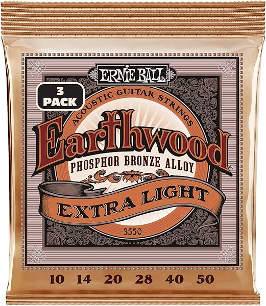 Ernie Ball Earthwood Ekstra Hafif Akustik Gitar Telleri Fosfor Bronz 3'Lü Paket, Ölçü 10-50