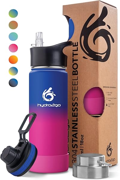 hydro2go ® Paslanmaz çelik içecek şişesi, 0,5/1 litre, çocuklar, okul, spor, fitness ve dış mekan için, paslanmaz çelik şişe,