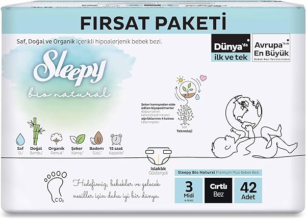 Sleepy Bio Natural Fırsat Paketi Bebek Bezi 3 Numara Midi 42 Adet Cırtlı Bez