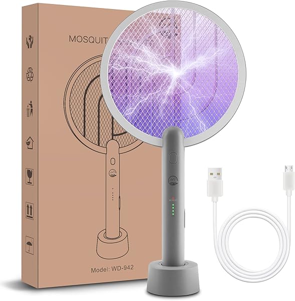 Mosiller elektrikli sinek raketi, 2'si 1 arada elektrikli sinek raketi ve 4000 V böcek öldürücü, şarj istasyonlu, taşınabilir