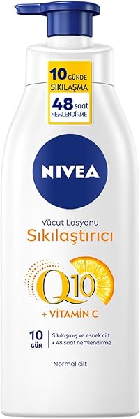 NIVEA Sıkılaştırıcı Vücut Losyonu Q10 + C Vitamini, 400 ml, 48 Saat Vücut Nemlendirme, 10 Günde Sıkılaşma, Normal Ciltler içi