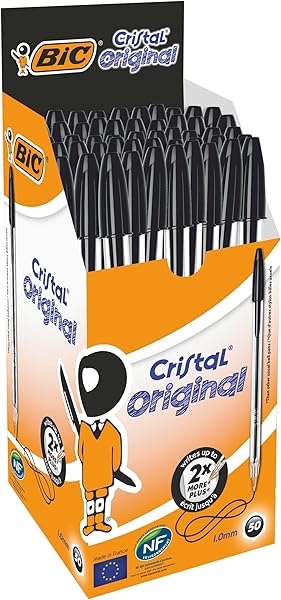BIC Cristal Medium Tükenmez Kalem Siyah 50'li Kutu, 1.0 mm Orta Kalınlıkta Uç, Şeffaf Gövde, Delikli Kapak