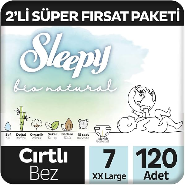 Sleepy Bio Natural 2'li Fırsat Paketi Bebek Bezi 7 Numara Xxlarge 120 Adet Cırtlı Bez