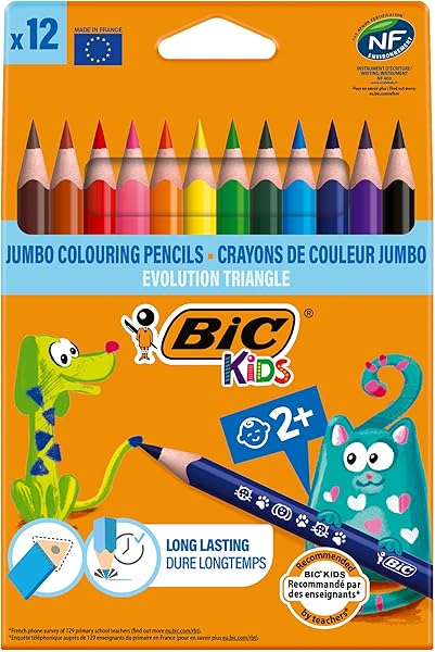 BIC Kids Evolution Üçgen Jumbo Kuru Boya Kalemi, 12'li Kutu, 2 Yaş ve Üzeri Çocuklar için İdeal, Kıymık Oluşturmaz, Çiğnemeye