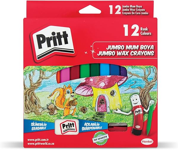 Pritt 12'li Jumbo Üçgen Silinebilir Pastel Boya (Mum Boya) + Silgi ve Kalemtıraş Hediyeli