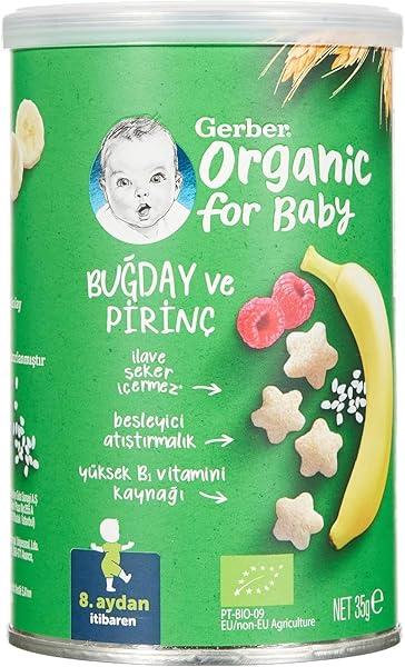 Gerber Organik Pirinçli, Buğdaylı, Muzlu ve Ahududulu Bebek Atıştırmalığı 35 g x 5
