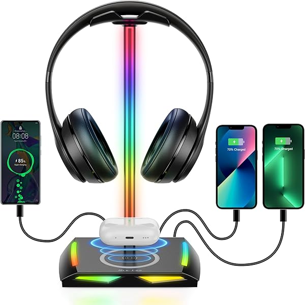 New bee RGB kulaklık standı, kablosuz şarj cihazlı, oyun kulaklığı standı, kulaklık tutucu, 1 x USB 2 x Tip C 11 aydınlatma e