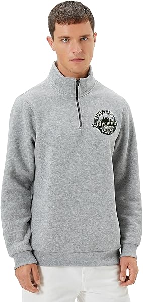 Yarım Fermuarlı Sweatshirt Kolej Baskılı İşlemeli Dik Yaka Şardonlu