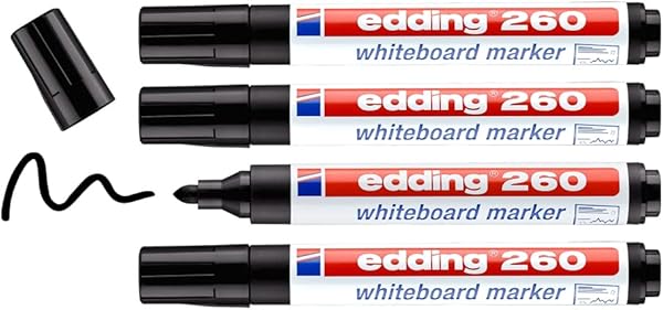 edding 260 beyaz yazı tahtası kalemi, siyah, 4'lü set, yuvarlak uç 1,5-3 mm