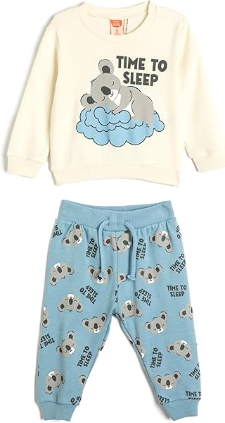 Koton Bisiklet Yaka Uzun Kollu Beli Bağlamalı Hayvanlar Baskılı Set Sweatshirt Erkek bebek