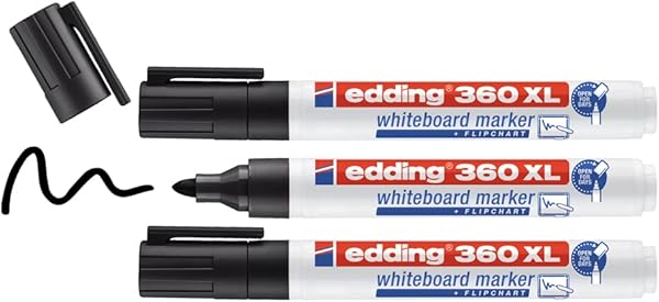 edding 360 XL beyaz yazı tahtası kalemi, siyah, 3'lü set, yeniden doldurulabilir
