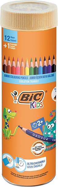 BIC Kids Evolution Üçgen Jumbo Boya Kalemi 13'lü Metal Tüp, Üçgen Tasarım, Kıymık Oluşturmaz, Çiğnemeye Karşı Dayanıklı