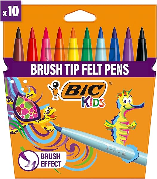 BIC Kids Visaquarelle Fırça Uçlu Boya Kalemi 10 Renk, Fırça Başlı Esnek ve Yumuşak Uç, Yıkanabilir Su Bazlı Boya