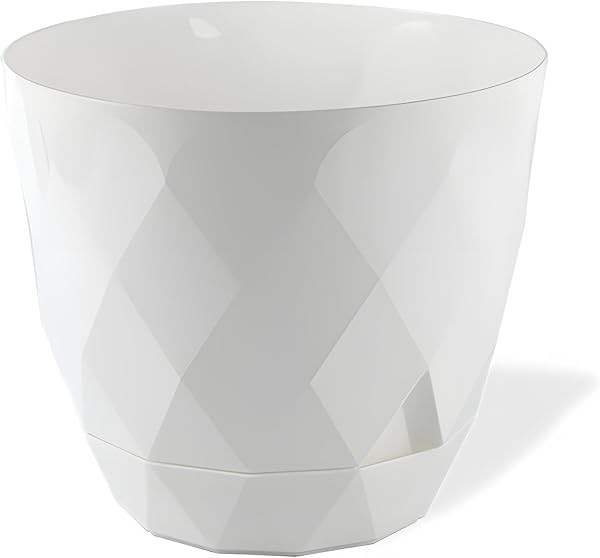 Yakamoz Prizma Saksı Drenajlı Tabaklı Plastik Çiçek Saksısı (Beyaz, 9.2 lt)