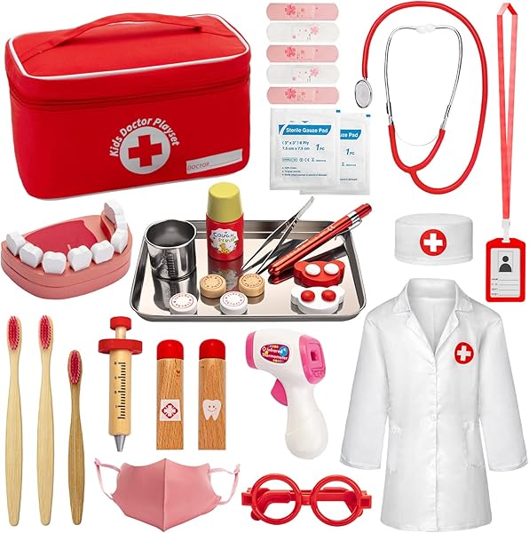 EFO SHM doktor çantası çocuk ahşap oyun seti gerçek stetoskop ile, doktor ceket çocuk doktor çantası doktor çantası kırmızı d