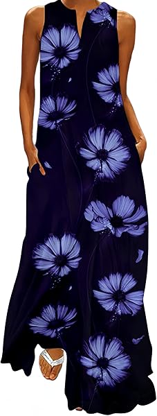 Ocean Plus Kadın Yaz Modası Baskılı Cepli Kolsuz Maksi Elbise